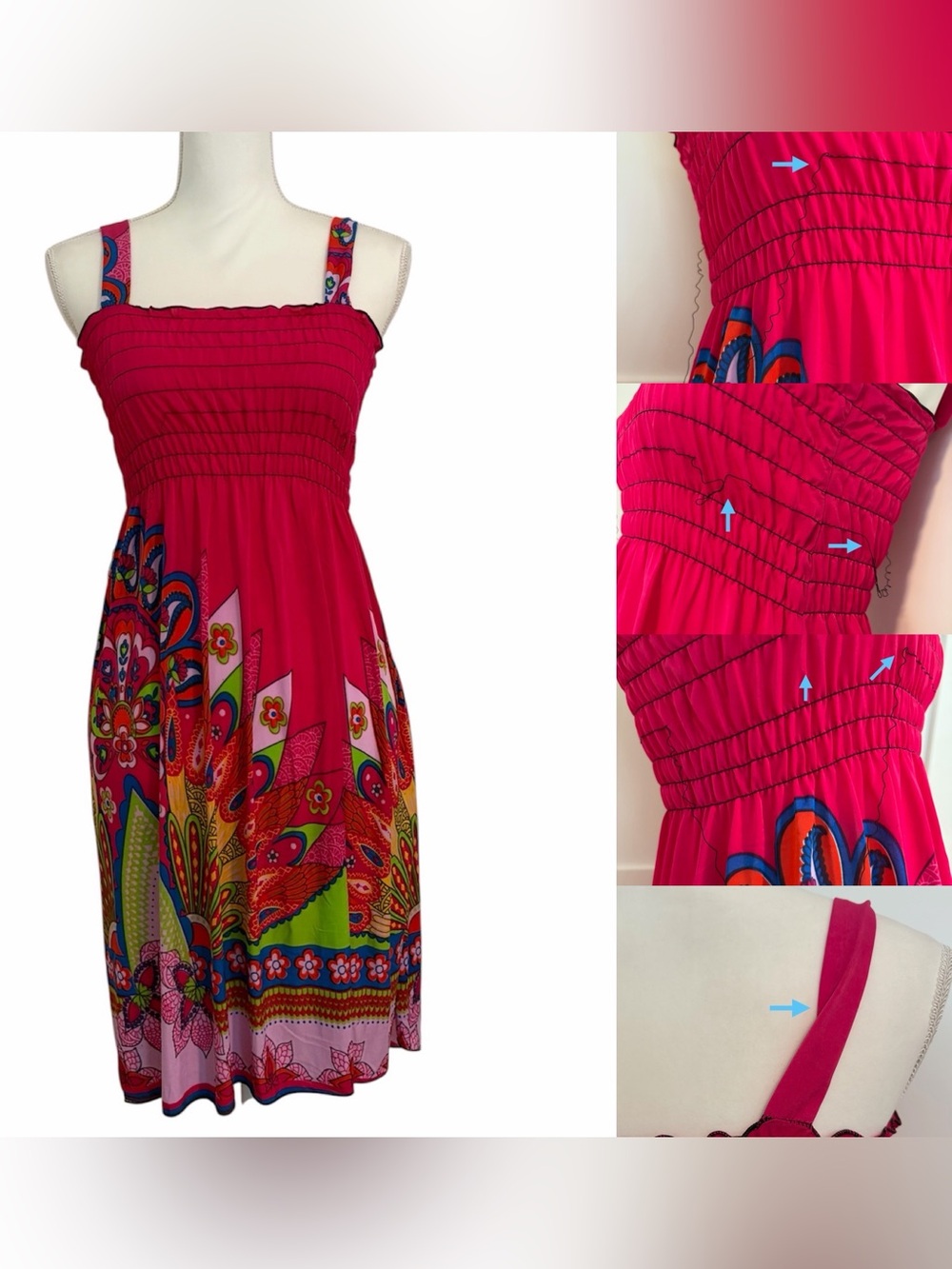Fuchsia Pink Smocked Midi Dress with Multicolor Paisley Print Women’s Medium
